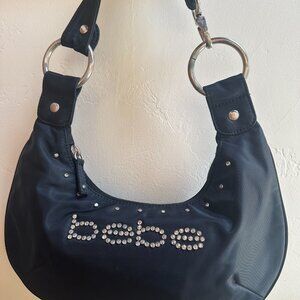 bebe Rhinestone Logo Black mini shoulder or hand bag.  Hot pink interior!